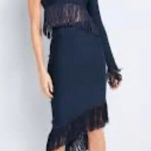 Asymmetrical Fringed Navy Dress Large